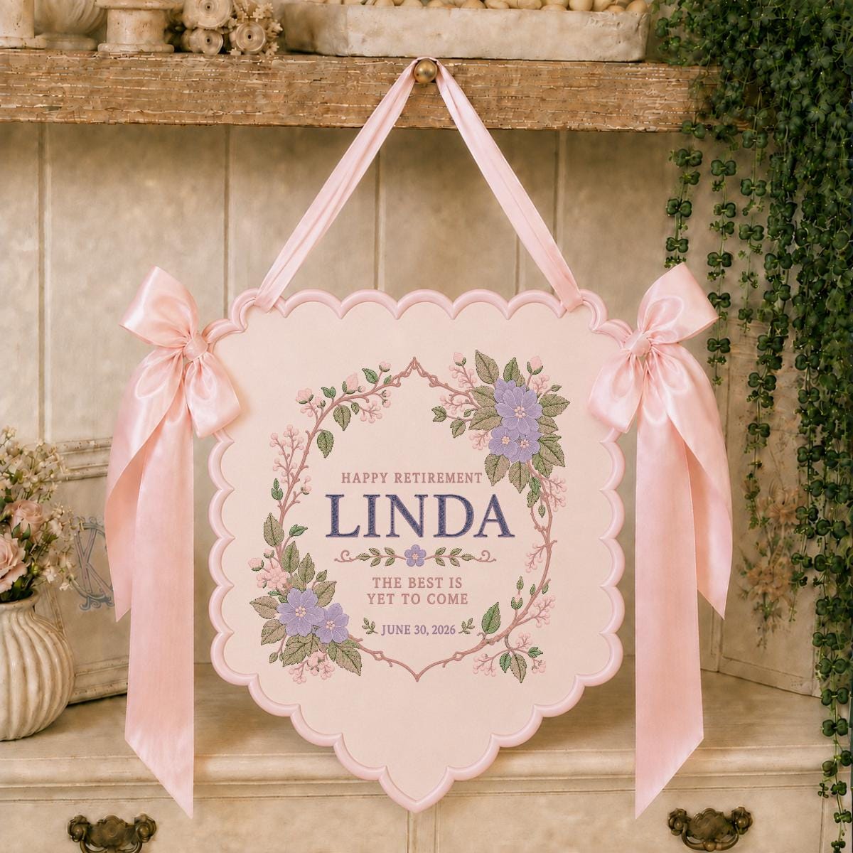 Personalized Retirement Banner, Linda Happy Retirement Wall Hanging, Blue Floral Decor, Best Is Yet to Come Gift, Retirement Keepsake