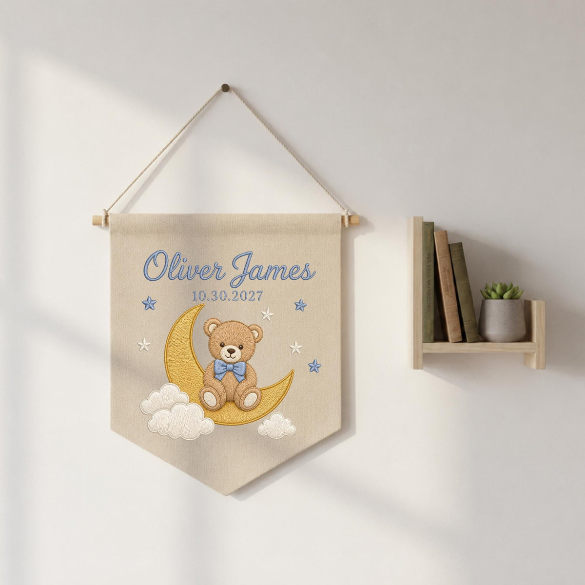 Personalized Embroidered Baby Name Banner, Teddy Bear Moon Nursery Wall Hanging, Custom Birth Date Sign, Baby Boy Nursery Decor, Newborn