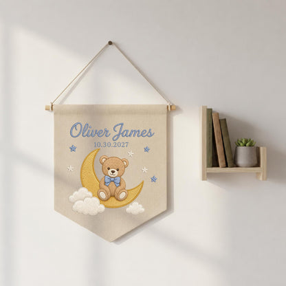 Personalized Embroidered Baby Name Banner, Teddy Bear Moon Nursery Wall Hanging, Custom Birth Date Sign, Baby Boy Nursery Decor, Newborn