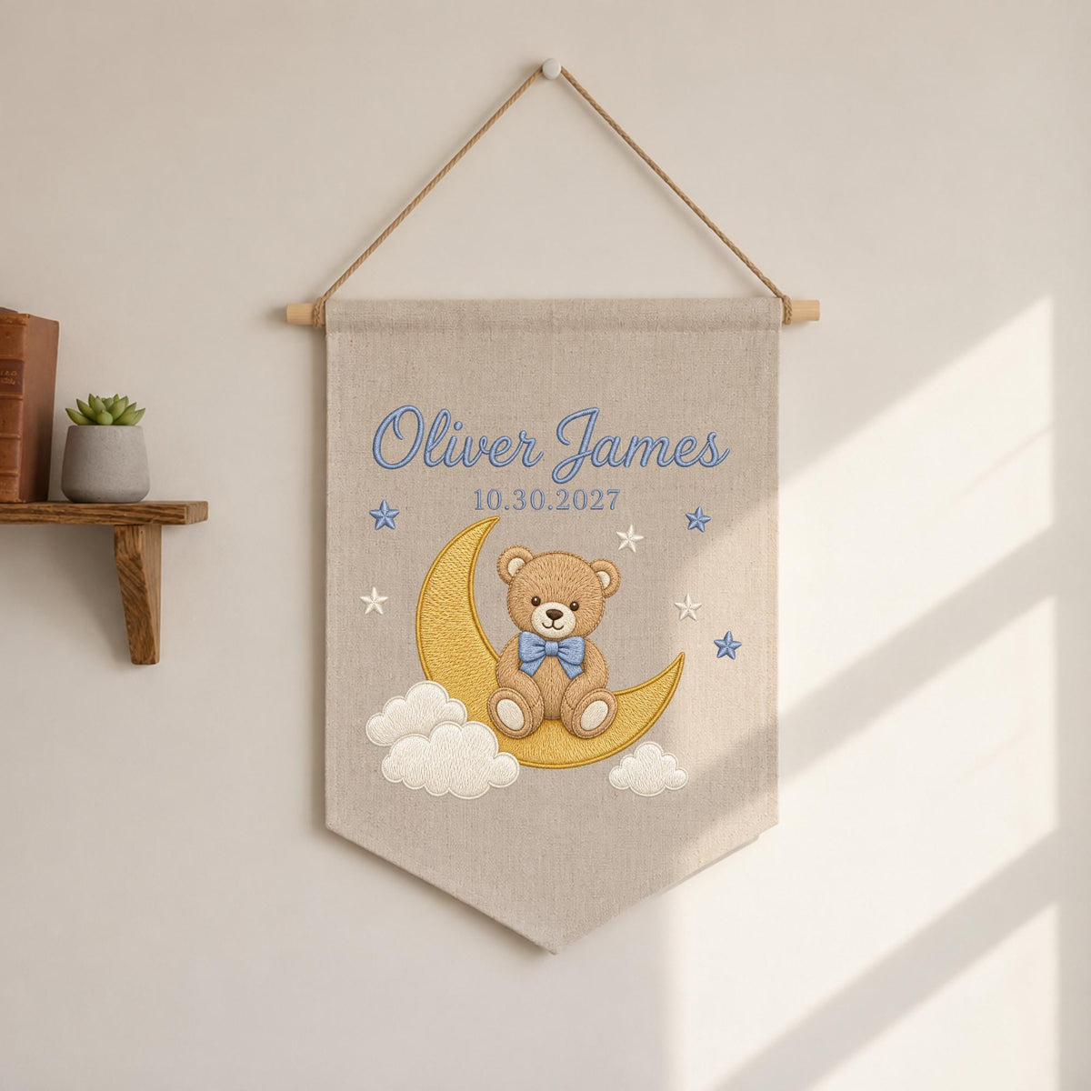 Personalized Embroidered Baby Name Banner, Teddy Bear Moon Nursery Wall Hanging, Custom Birth Date Sign, Baby Boy Nursery Decor, Newborn