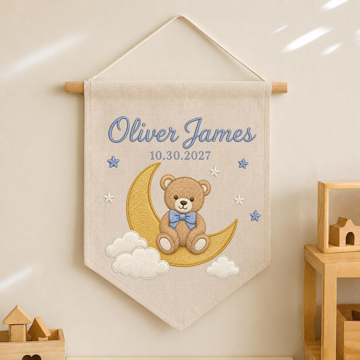 Personalized Embroidered Baby Name Banner, Teddy Bear Moon Nursery Wall Hanging, Custom Birth Date Sign, Baby Boy Nursery Decor, Newborn