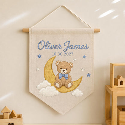 Personalized Embroidered Baby Name Banner, Teddy Bear Moon Nursery Wall Hanging, Custom Birth Date Sign, Baby Boy Nursery Decor, Newborn
