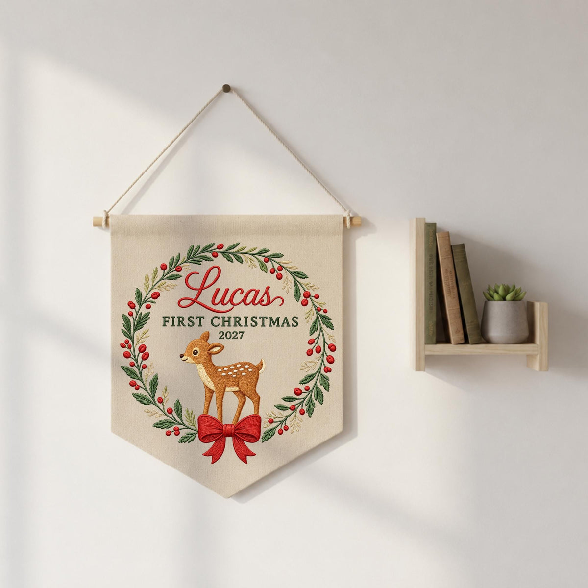 Personalized Embroidered First Christmas Baby Banner, Deer Christmas Wall Hanging, Custom Baby Name Holiday Decor, Newborn Christmas Gift