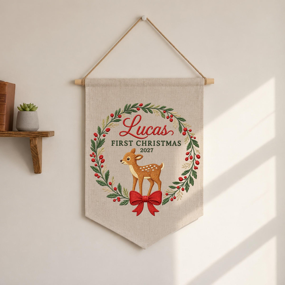 Personalized Embroidered First Christmas Baby Banner, Deer Christmas Wall Hanging, Custom Baby Name Holiday Decor, Newborn Christmas Gift