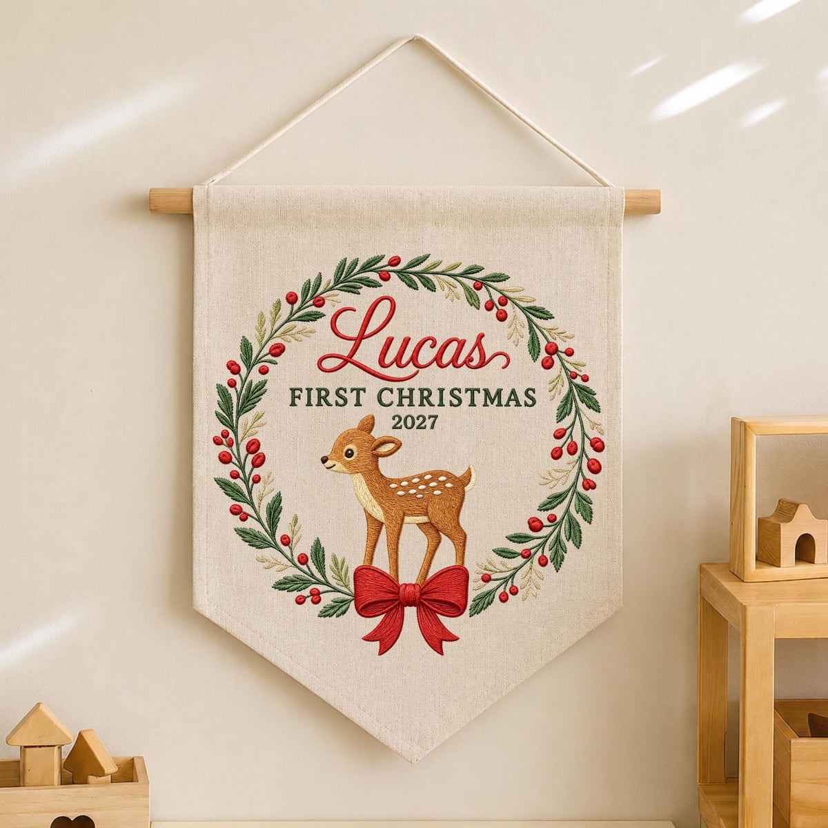 Personalized Embroidered First Christmas Baby Banner, Deer Christmas Wall Hanging, Custom Baby Name Holiday Decor, Newborn Christmas Gift