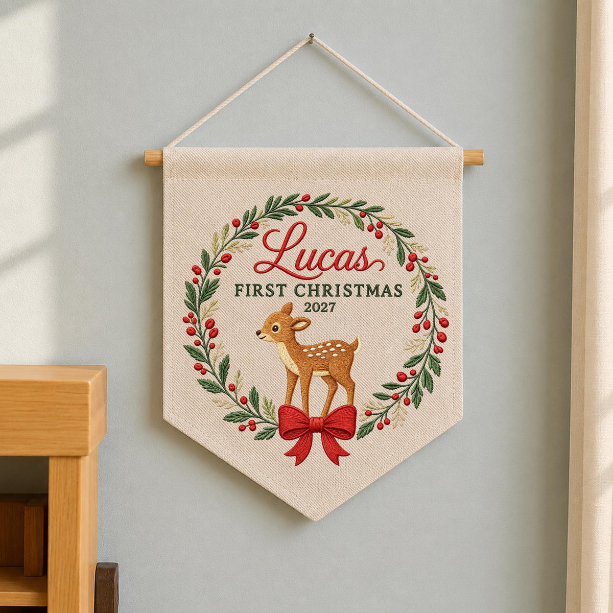 Personalized Embroidered First Christmas Baby Banner, Deer Christmas Wall Hanging, Custom Baby Name Holiday Decor, Newborn Christmas Gift