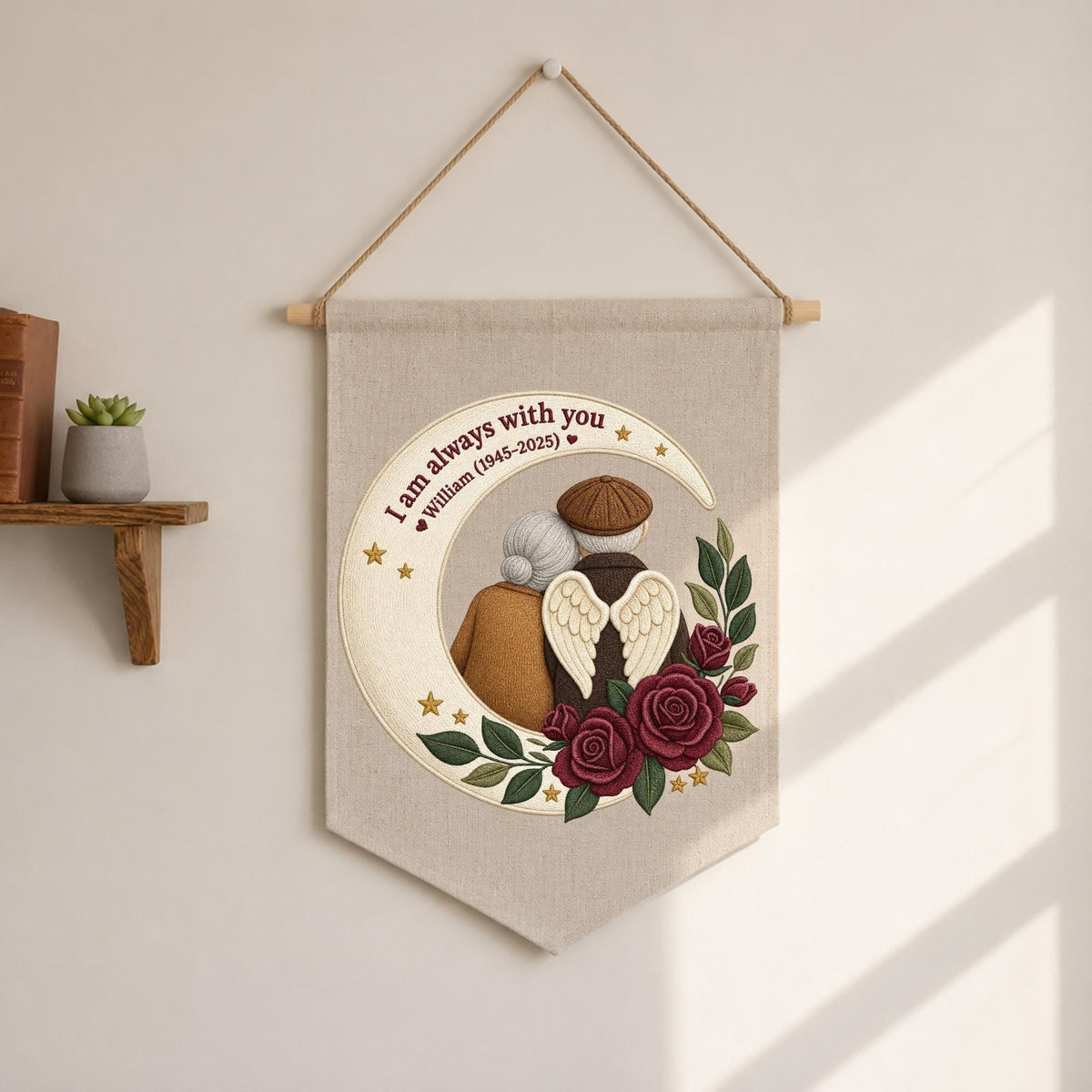 Personalized Embroidered Memorial Banner, In Loving Memory Wall Hanging, Angel Wings Moon Keepsake, Sympathy Gift for Loss of Loved One