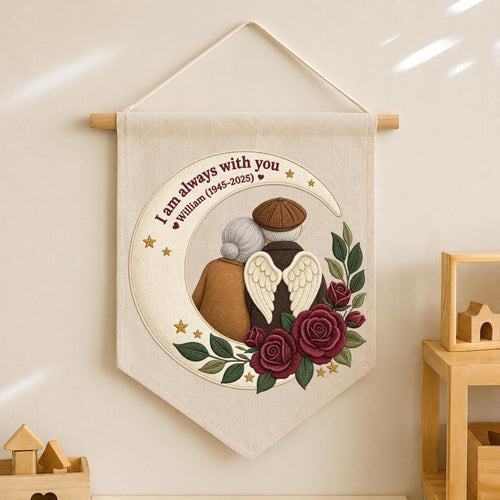 Personalized Embroidered Memorial Banner, In Loving Memory Wall Hanging, Angel Wings Moon Keepsake, Sympathy Gift for Loss of Loved One