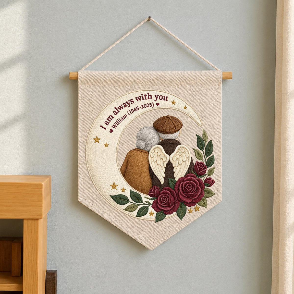 Personalized Embroidered Memorial Banner, In Loving Memory Wall Hanging, Angel Wings Moon Keepsake, Sympathy Gift for Loss of Loved One