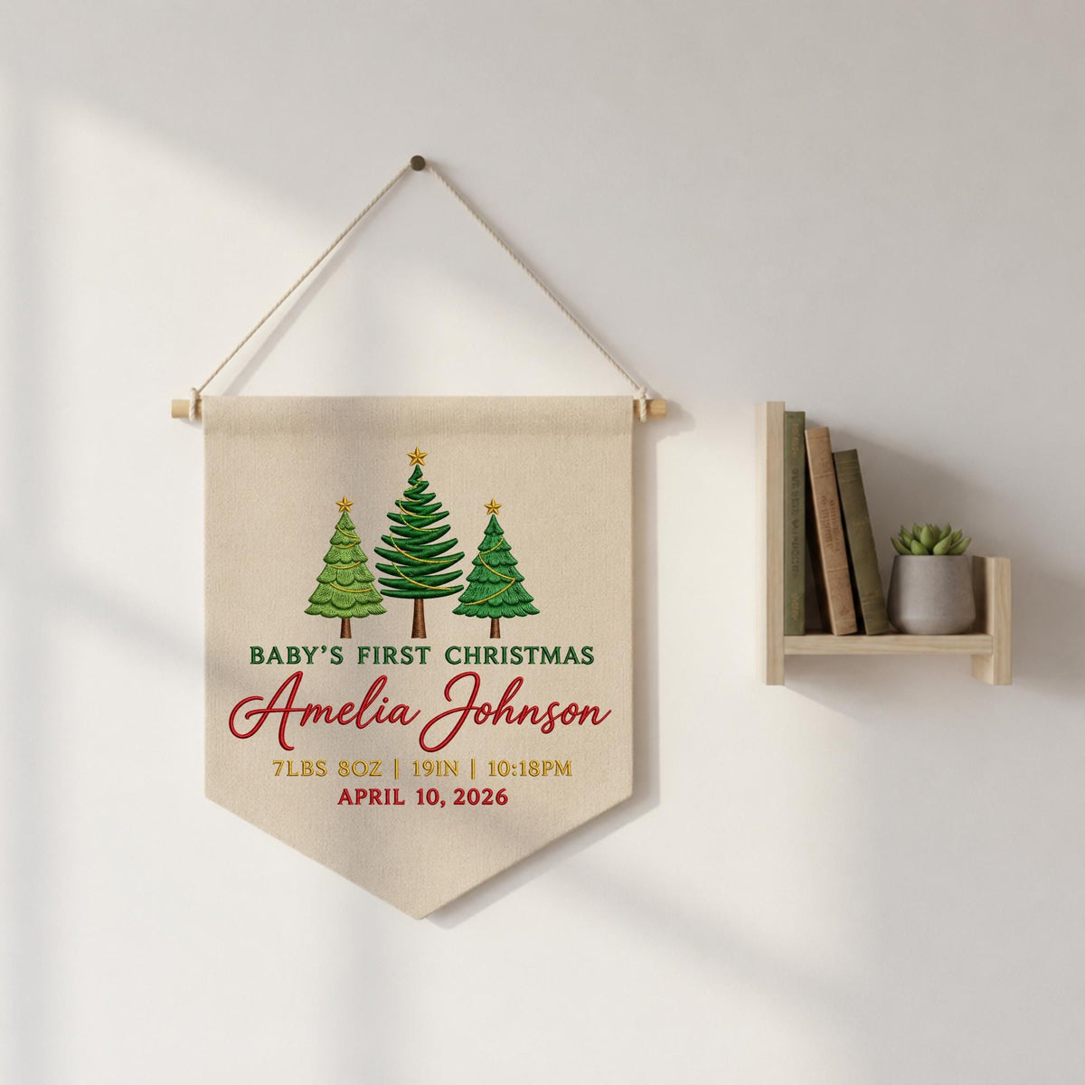 Personalized Embroidered Baby First Christmas Banner, Custom Birth Stats Christmas Wall Hanging, Baby Name Holiday Keepsake, Christmas Gift