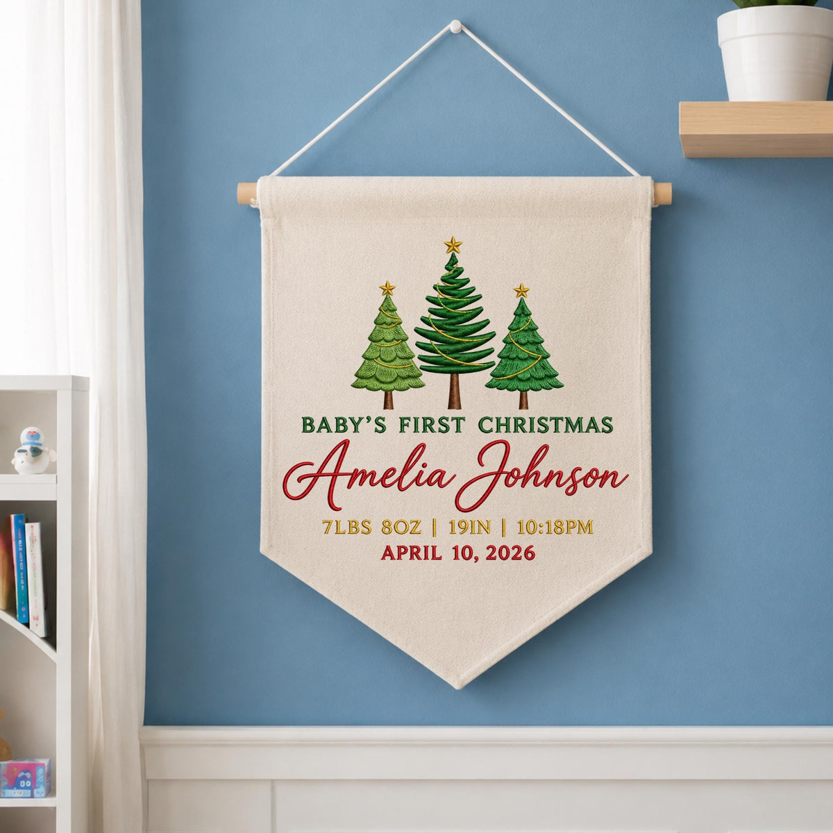 Personalized Embroidered Baby First Christmas Banner, Custom Birth Stats Christmas Wall Hanging, Baby Name Holiday Keepsake, Christmas Gift