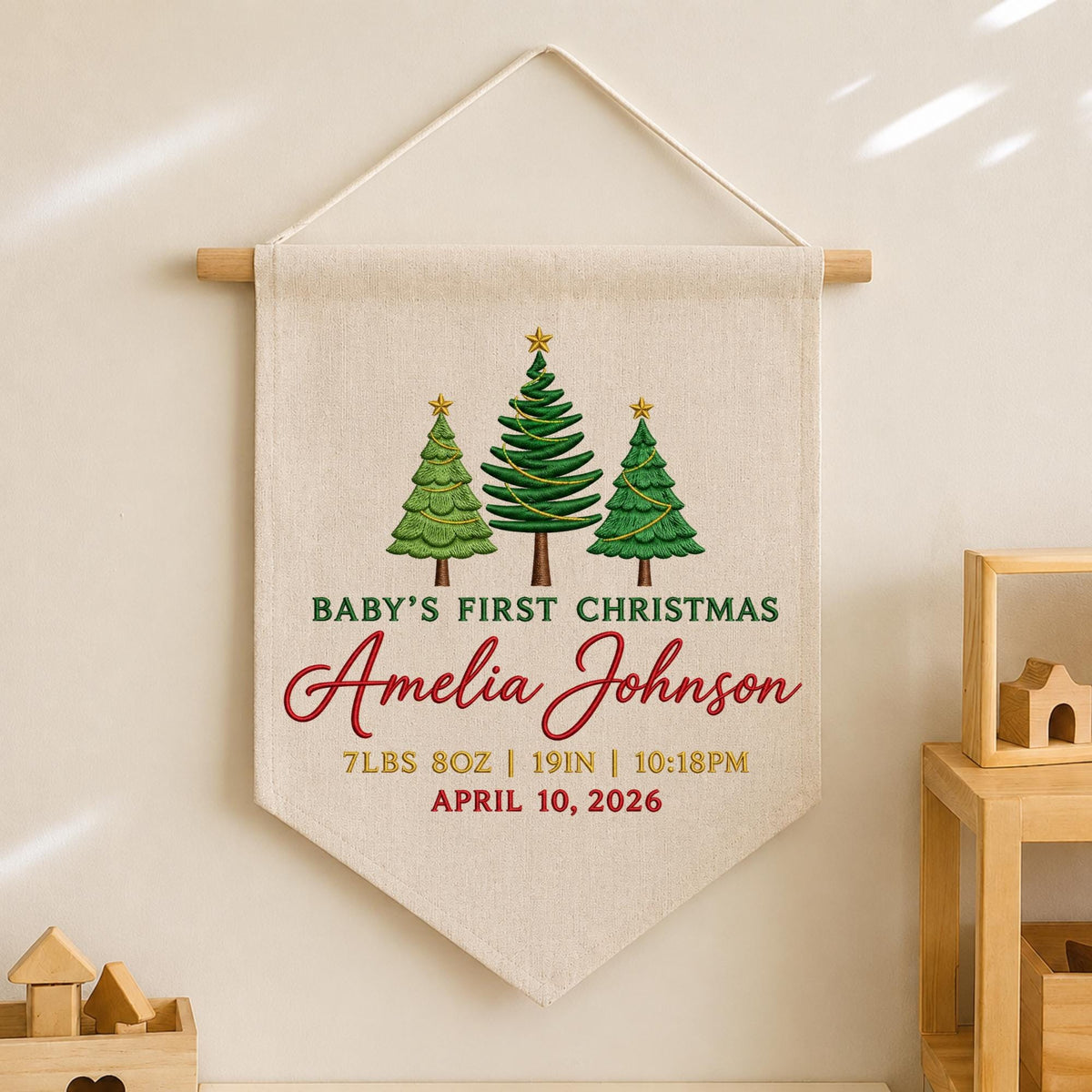 Personalized Embroidered Baby First Christmas Banner, Custom Birth Stats Christmas Wall Hanging, Baby Name Holiday Keepsake, Christmas Gift