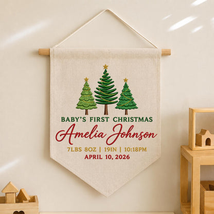 Personalized Embroidered Baby First Christmas Banner, Custom Birth Stats Christmas Wall Hanging, Baby Name Holiday Keepsake, Christmas Gift
