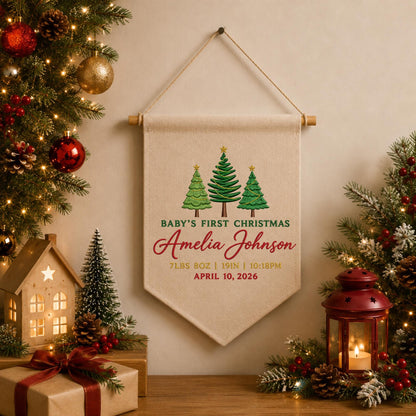 Personalized Embroidered Baby First Christmas Banner, Custom Birth Stats Christmas Wall Hanging, Baby Name Holiday Keepsake, Christmas Gift
