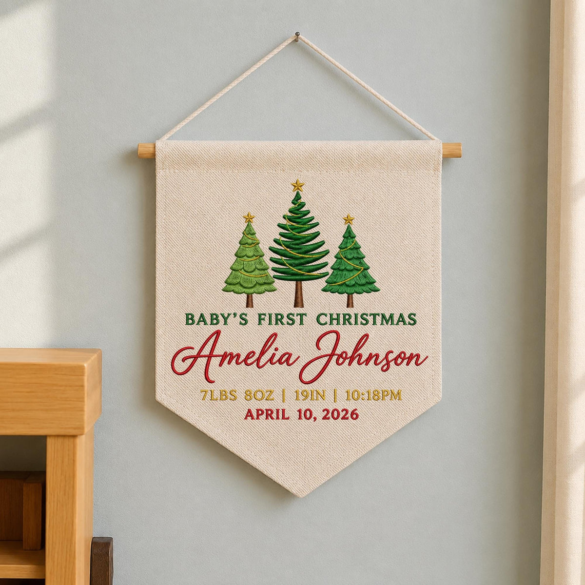 Personalized Embroidered Baby First Christmas Banner, Custom Birth Stats Christmas Wall Hanging, Baby Name Holiday Keepsake, Christmas Gift