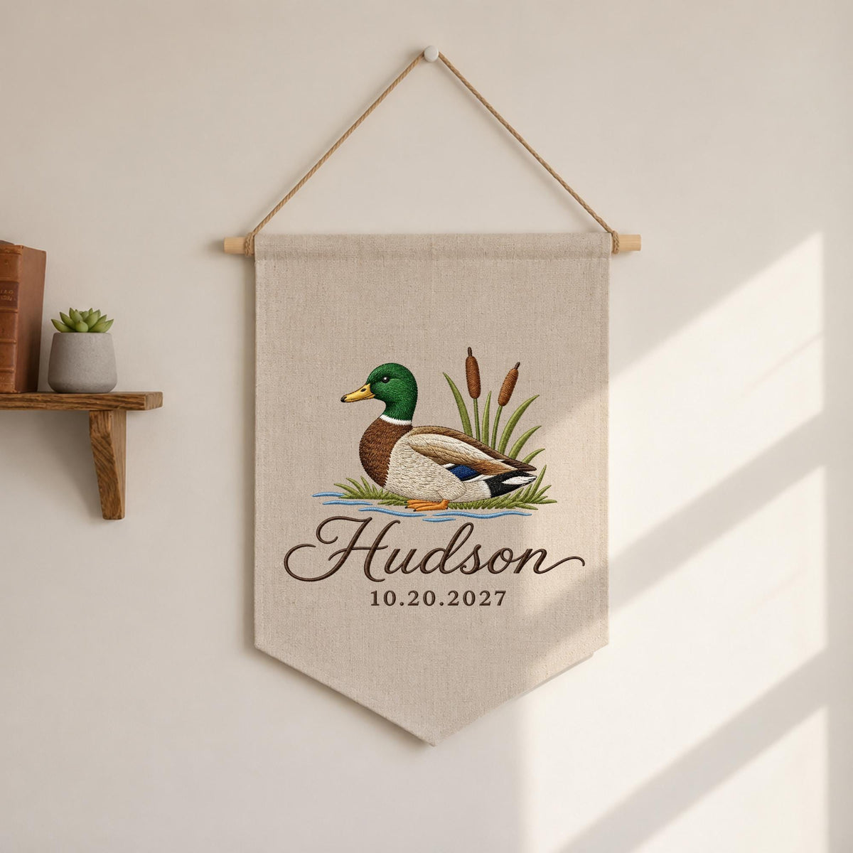 Personalized Embroidered Duck Baby Name Banner, Mallard Nursery Wall Hanging, Custom Birth Date Sign, Woodland Baby Boy Decor, Newborn Gift
