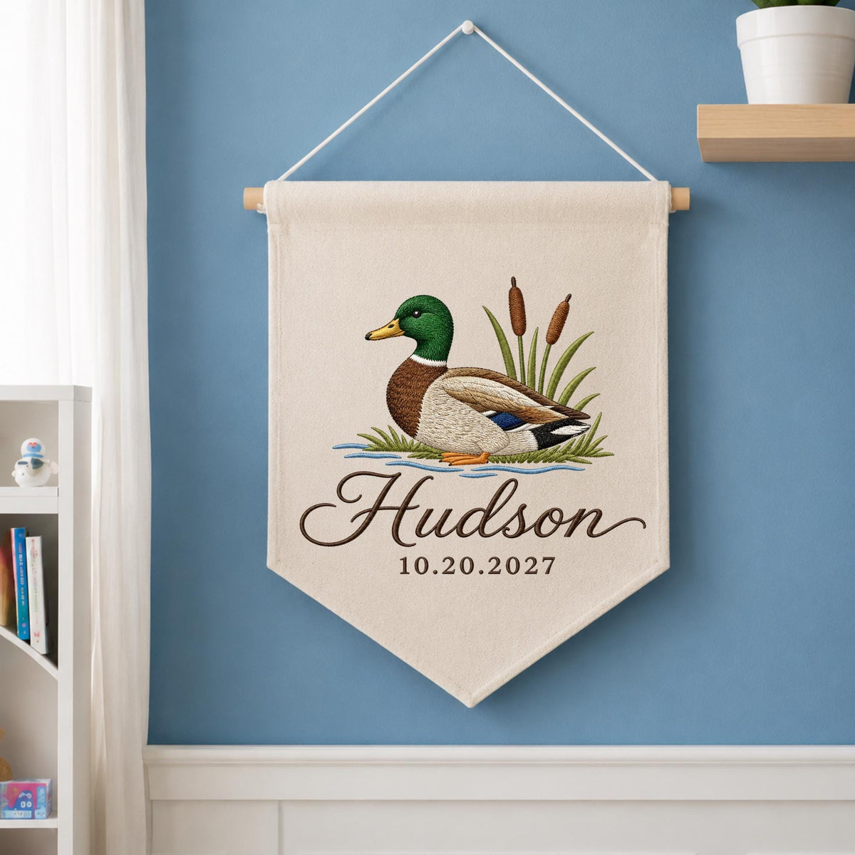 Personalized Embroidered Duck Baby Name Banner, Mallard Nursery Wall Hanging, Custom Birth Date Sign, Woodland Baby Boy Decor, Newborn Gift