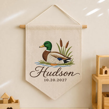 Personalized Embroidered Duck Baby Name Banner, Mallard Nursery Wall Hanging, Custom Birth Date Sign, Woodland Baby Boy Decor, Newborn Gift