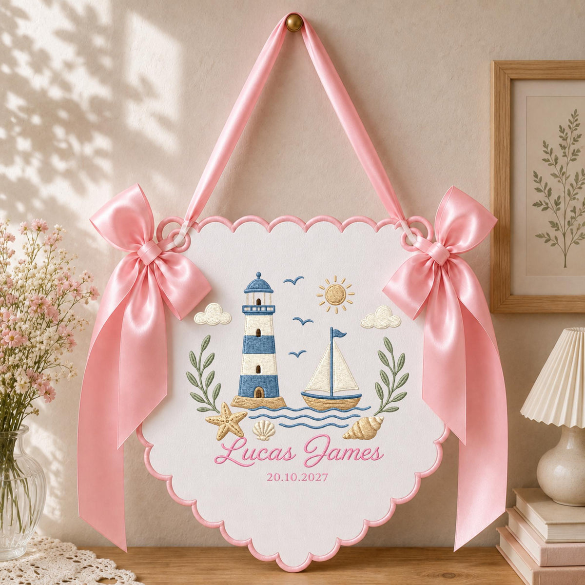 Personalized Embroidered Nautical Baby Name Banner, Lighthouse Sailboat Nursery Wall Hanging, Custom Birth Date Sign, Baby Boy Nursery Decor