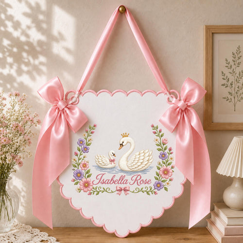 Personalized Embroidered Swan Baby Name Banner, Floral Nursery Wall Hanging, Custom Baby Girl Name Sign, Princess Swan Nursery