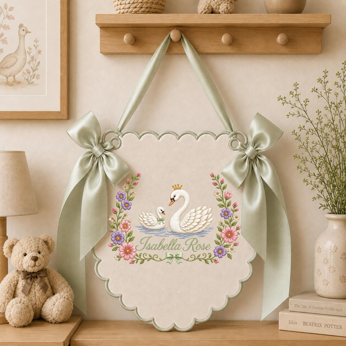 Personalized Embroidered Swan Baby Name Banner, Floral Nursery Wall Hanging, Custom Baby Girl Name Sign, Princess Swan Nursery