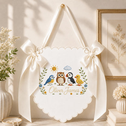 Personalized Embroidered Baby Name Banner, Woodland Bird Nursery Wall Hanging, Custom Bird Name Sign, Baby Boy Nursery Decor, Newborn Gift