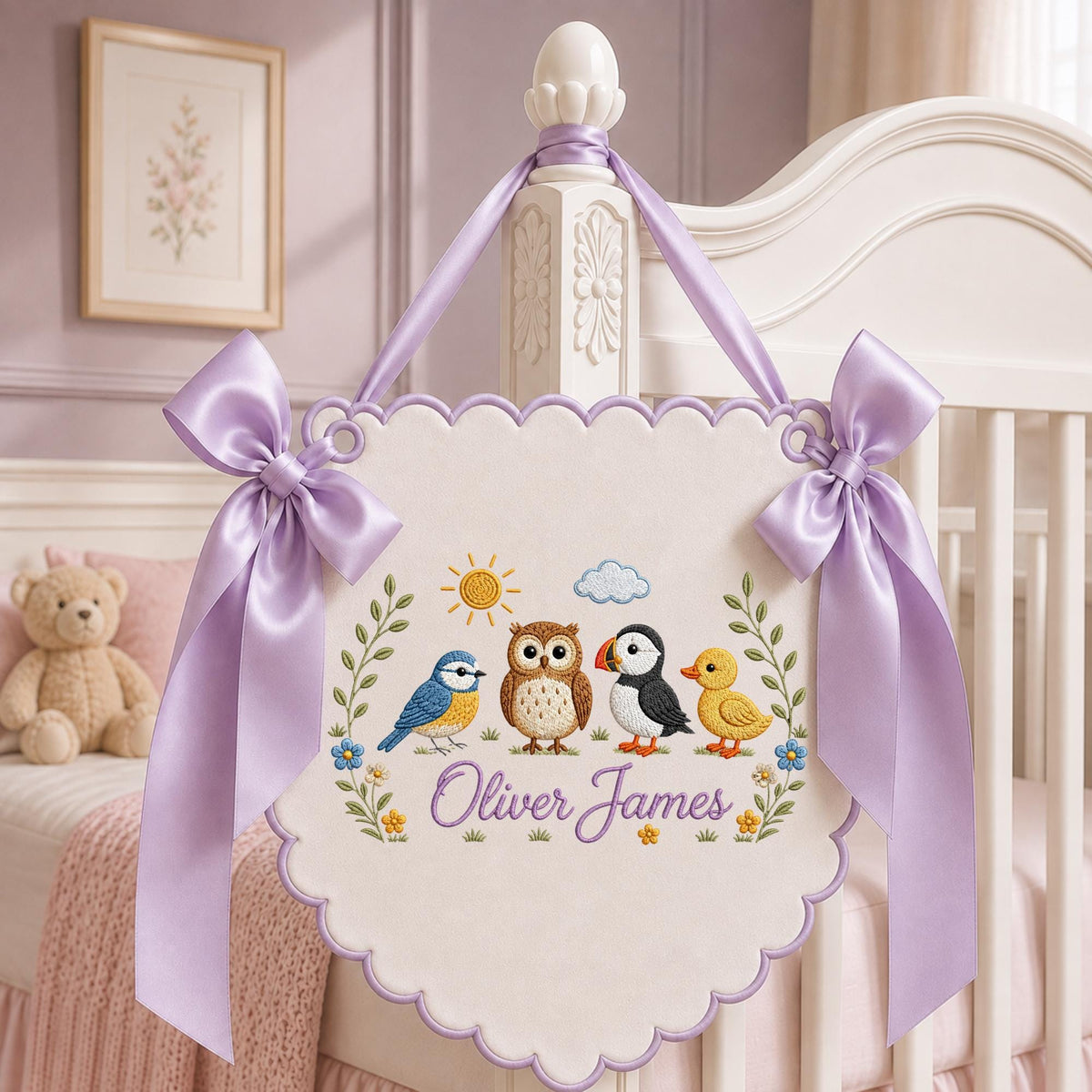 Personalized Embroidered Baby Name Banner, Woodland Bird Nursery Wall Hanging, Custom Bird Name Sign, Baby Boy Nursery Decor, Newborn Gift