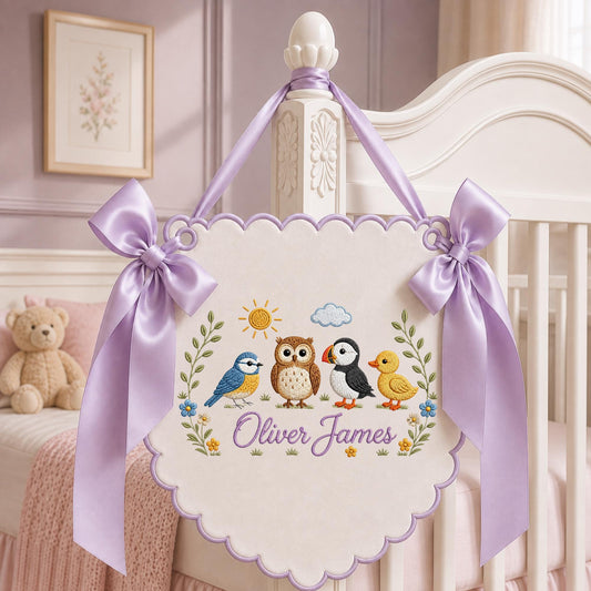 Personalized Embroidered Baby Name Banner, Woodland Bird Nursery Wall Hanging, Custom Bird Name Sign, Baby Boy Nursery Decor, Newborn Gift