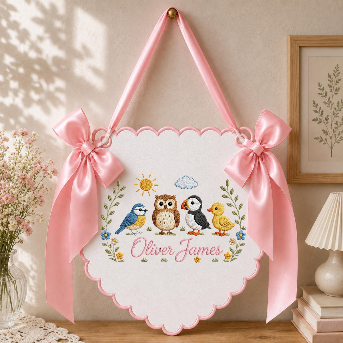 Personalized Embroidered Baby Name Banner, Woodland Bird Nursery Wall Hanging, Custom Bird Name Sign, Baby Boy Nursery Decor, Newborn Gift