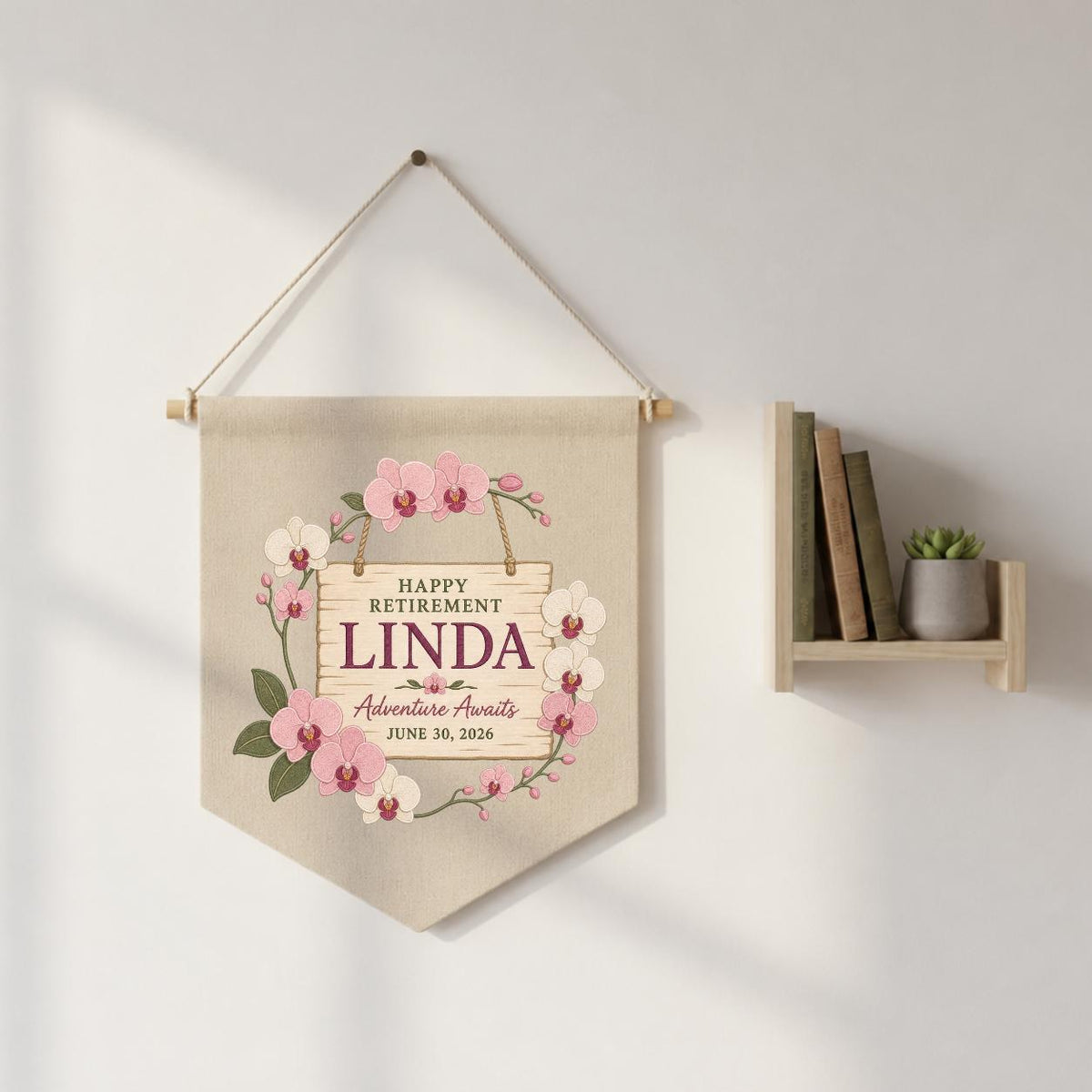 Personalized Retirement Banner, Linda Happy Retirement Wall Hanging, Floral Adventure Awaits Decor, Custom Retirement Keepsake Gift