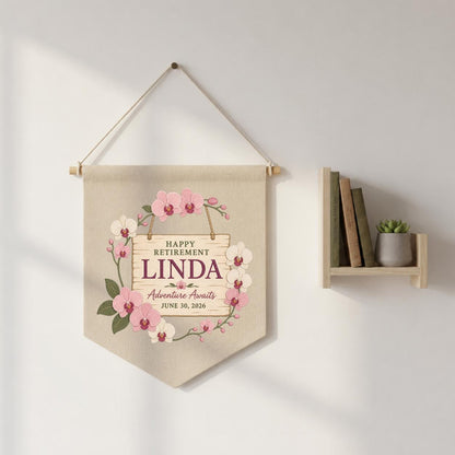 Personalized Retirement Banner, Linda Happy Retirement Wall Hanging, Floral Adventure Awaits Decor, Custom Retirement Keepsake Gift