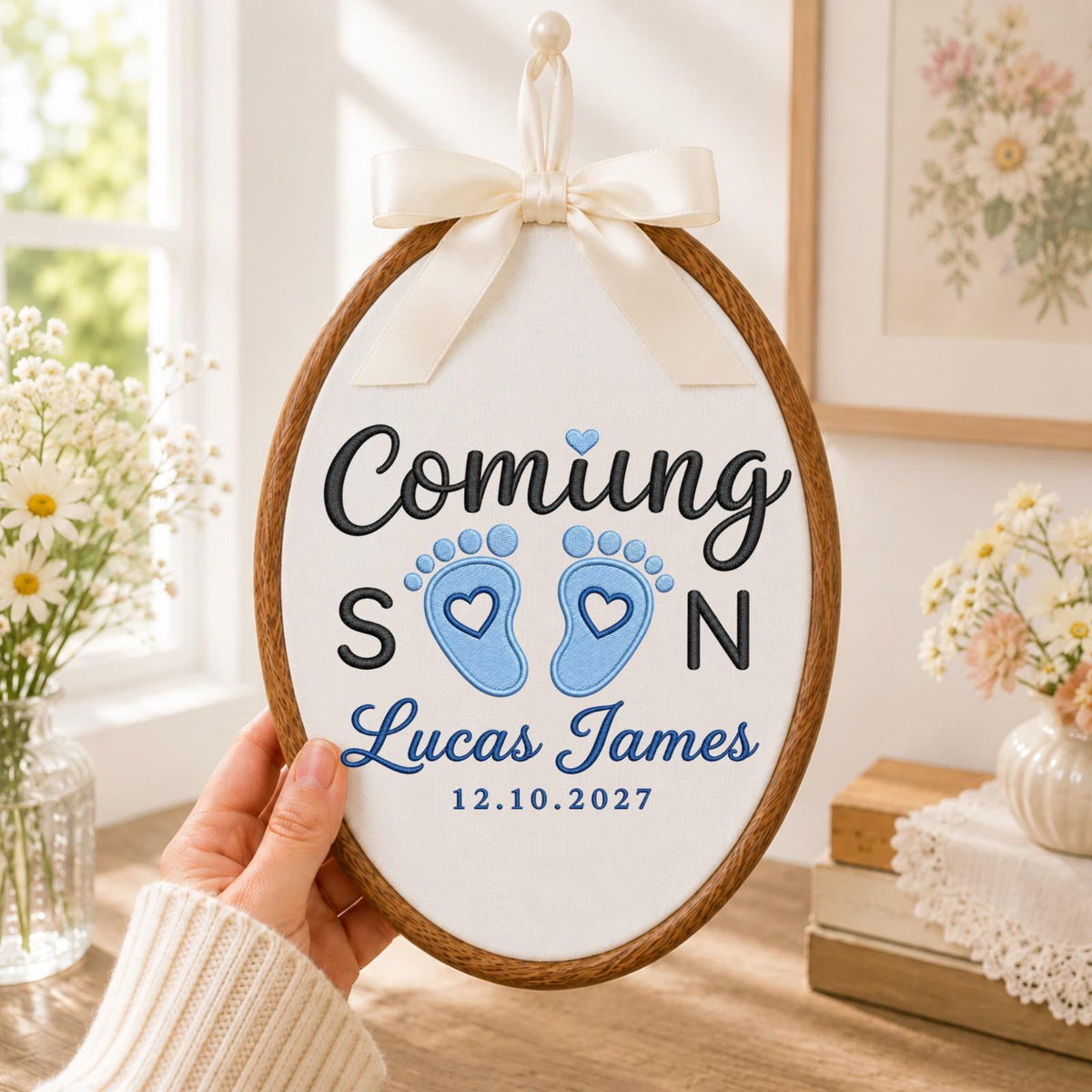 Personalized Pregnancy Announcement Embroidered Ornament, Coming Soon Baby Boy Keepsake, Custom Baby Name Reveal, Expecting Parents Gift