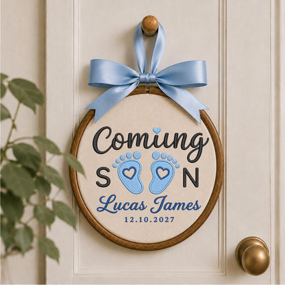 Personalized Pregnancy Announcement Embroidered Ornament, Coming Soon Baby Boy Keepsake, Custom Baby Name Reveal, Expecting Parents Gift