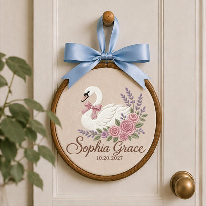 Personalized Swan Baby Embroidered Ornament, Custom Baby Girl Name Hoop, Floral Swan Nursery Decor, Newborn Keepsake, Baby Shower Gift