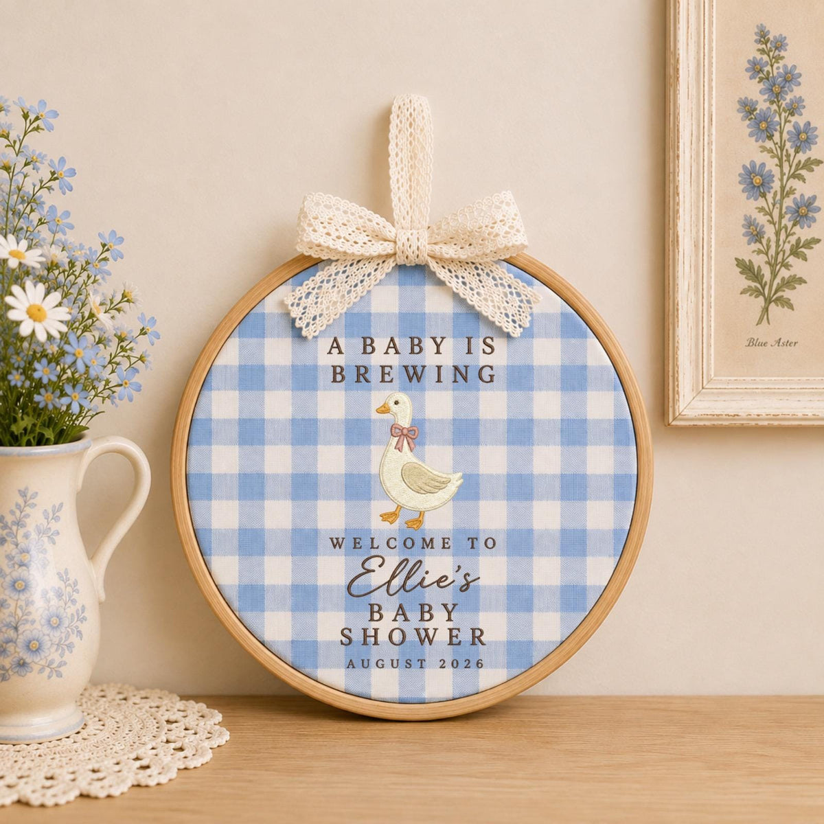 Personalized Baby Shower Embroidered Ornament, A Baby Is Brewing Duck Sign, Custom Baby Shower Decor, Baby Girl Welcome Keepsake