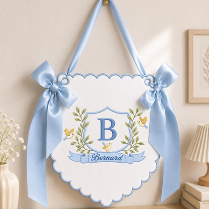 Personalized Baby Name Embroidered Wall Hanging, Monogram Nursery Banner, Custom Baby Boy Name Sign, Blue Nursery Decor, Baby Shower Gift