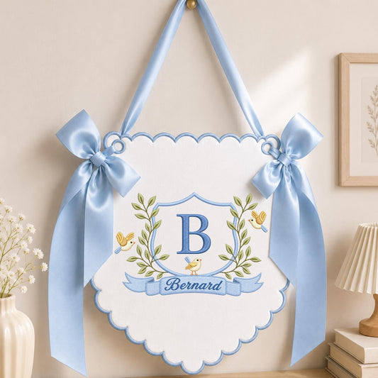 Personalized Baby Name Embroidered Wall Hanging, Monogram Nursery Banner, Custom Baby Boy Name Sign, Blue Nursery Decor, Baby Shower Gift