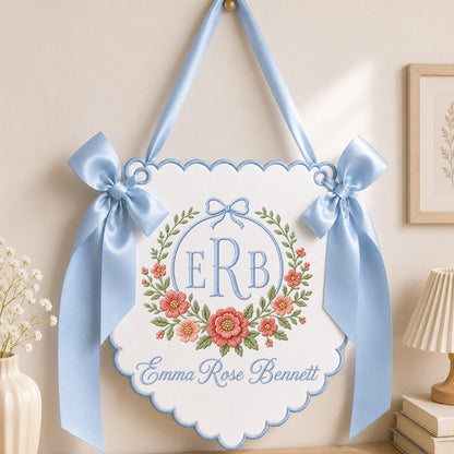 Personalized Floral Monogram Embroidered Baby Banner, Custom Baby Girl Name Sign, Pink Nursery Wall Decor, Newborn Baby Shower Gift