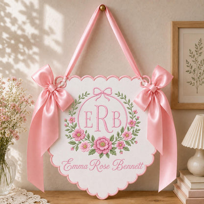 Personalized Floral Monogram Embroidered Baby Banner, Custom Baby Girl Name Sign, Pink Nursery Wall Decor, Newborn Baby Shower Gift