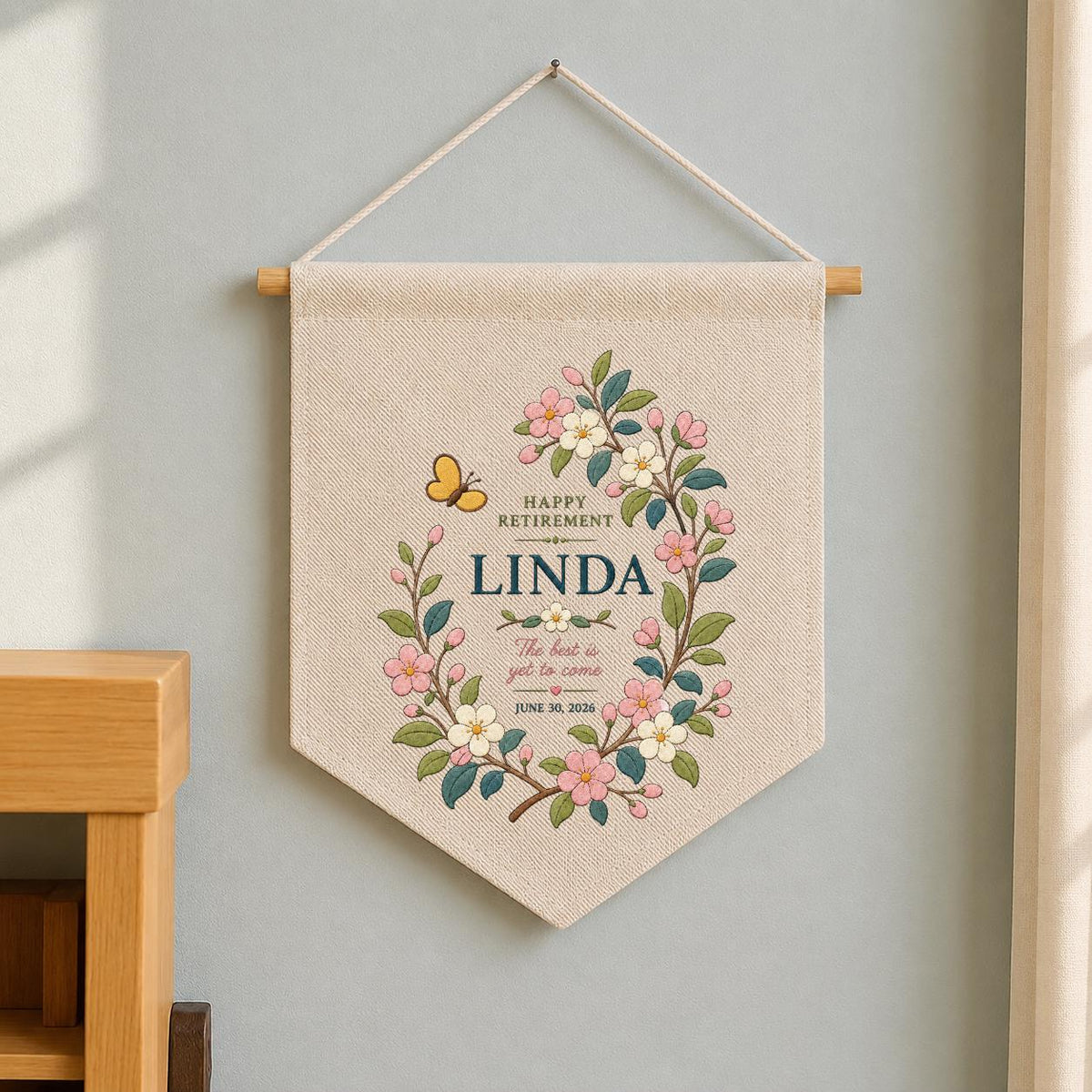 Personalized Retirement Canvas Pennant Banner, Custom Name Linda Floral Wreath Embroidered Happy Retirement Gift Wall Hanging Sign