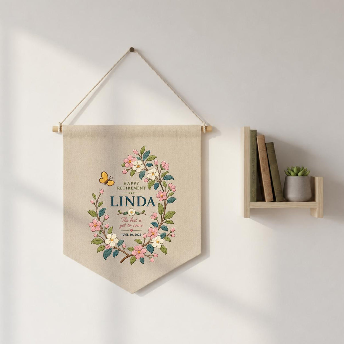 Personalized Retirement Canvas Pennant Banner, Custom Name Linda Floral Wreath Embroidered Happy Retirement Gift Wall Hanging Sign