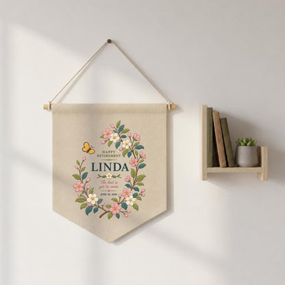 Personalized Retirement Canvas Pennant Banner, Custom Name Linda Floral Wreath Embroidered Happy Retirement Gift Wall Hanging Sign