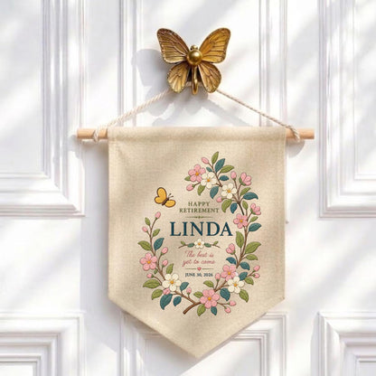 Personalized Retirement Canvas Pennant Banner, Custom Name Linda Floral Wreath Embroidered Happy Retirement Gift Wall Hanging Sign