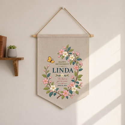 Personalized Retirement Canvas Pennant Banner, Custom Name Linda Floral Wreath Embroidered Happy Retirement Gift Wall Hanging Sign