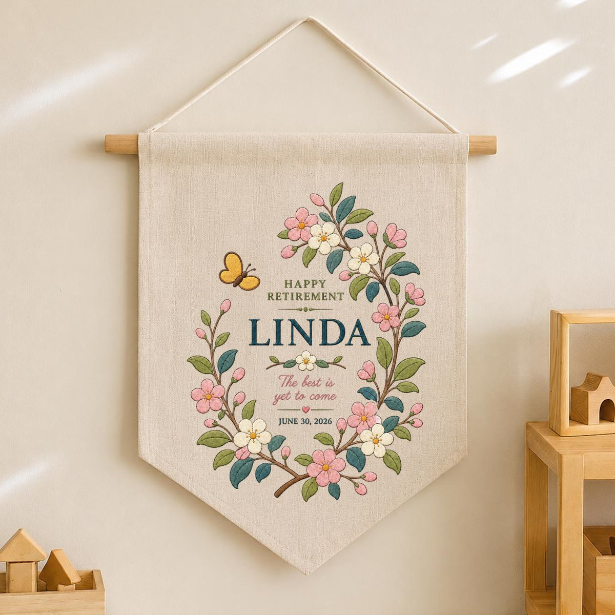 Personalized Retirement Canvas Pennant Banner, Custom Name Linda Floral Wreath Embroidered Happy Retirement Gift Wall Hanging Sign