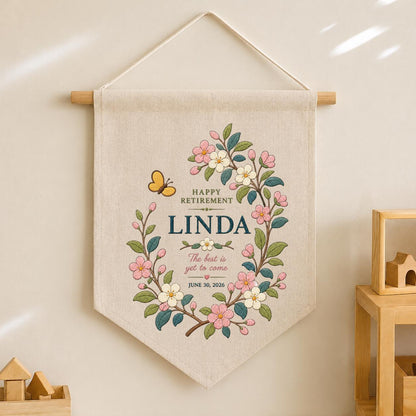 Personalized Retirement Canvas Pennant Banner, Custom Name Linda Floral Wreath Embroidered Happy Retirement Gift Wall Hanging Sign