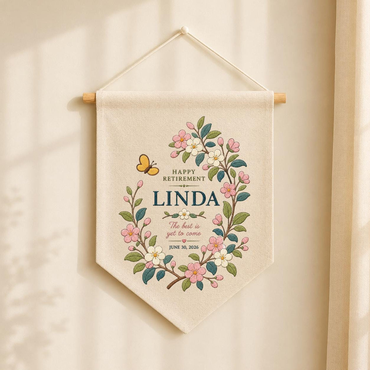 Personalized Retirement Canvas Pennant Banner, Custom Name Linda Floral Wreath Embroidered Happy Retirement Gift Wall Hanging Sign