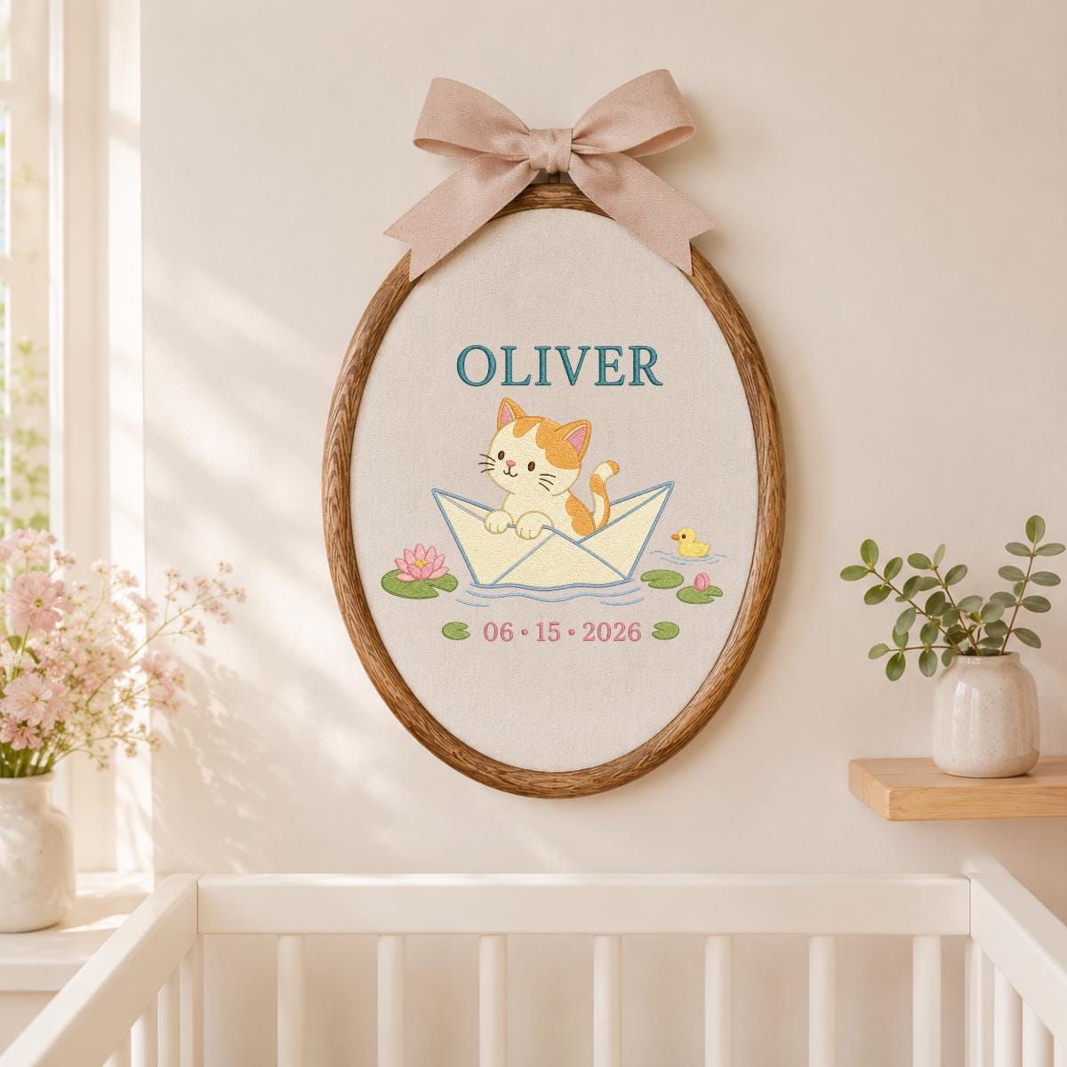 Personalized Kitten in Paper Boat Hoop Decor, Custom Embroidered Oliver Name Date Nursery Wall Hanging Sign, Cat Lover Keepsake Gift