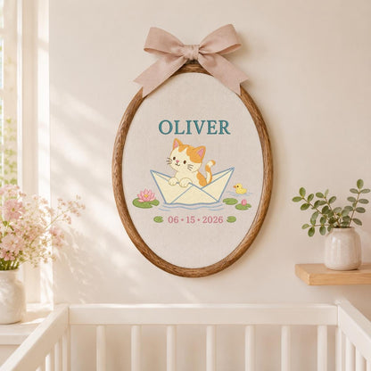 Personalized Kitten in Paper Boat Hoop Decor, Custom Embroidered Oliver Name Date Nursery Wall Hanging Sign, Cat Lover Keepsake Gift