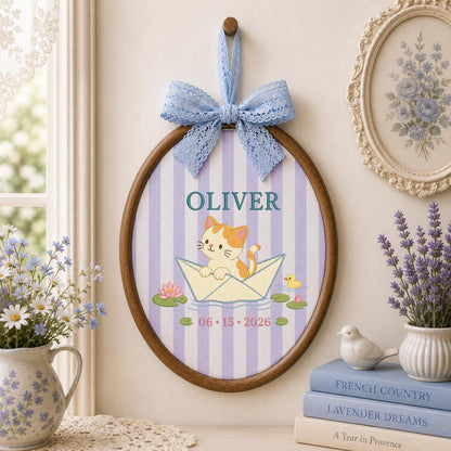 Personalized Kitten in Paper Boat Hoop Decor, Custom Embroidered Oliver Name Date Nursery Wall Hanging Sign, Cat Lover Keepsake Gift